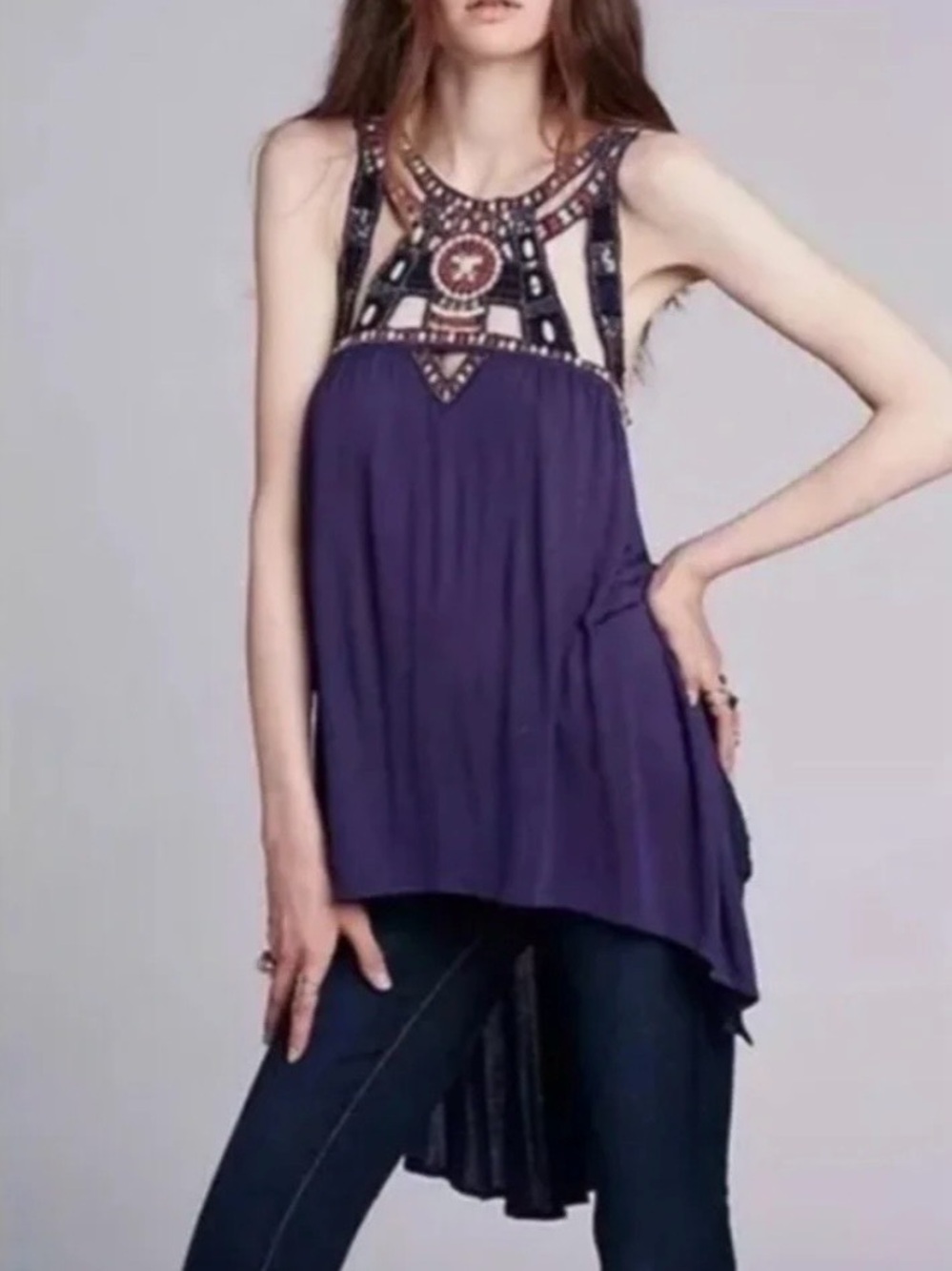NWT Free People Long Open Purple Beaded Tank Top size Medium + OG FP Bag